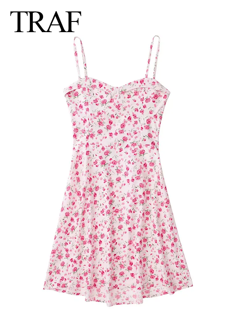 

TRAF Pink Floral Print A-LINE Low Cut Back Drawstring Women's Sling Dress Fashion Elegant Cute Lightweight Mini Lady Dress