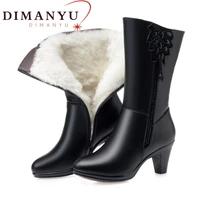 dimanyu winter boots women genuine leather fashion mid boots women dress high heel natural wool warm female tassel boots