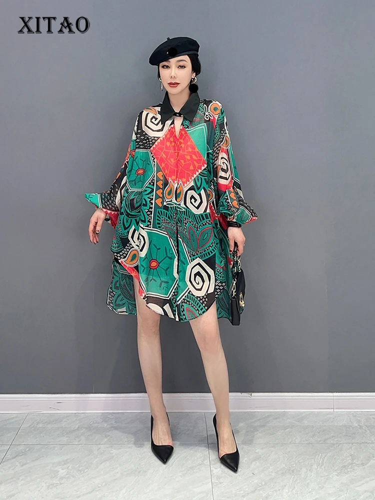 

XITAO Vintage Print Shirt Fashion Hollow Out Splicing Turn-down Collar Long Sleeve Chiffon Blouse 2023 Summer New Top WLD16037