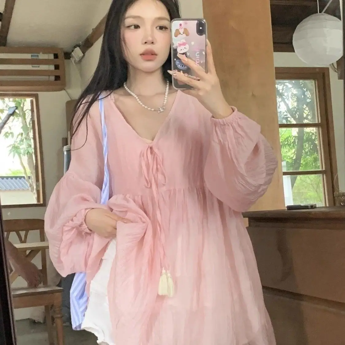 Женская рубашка с длинным рукавом и V-образным вырезом в Корейском стиле новинка