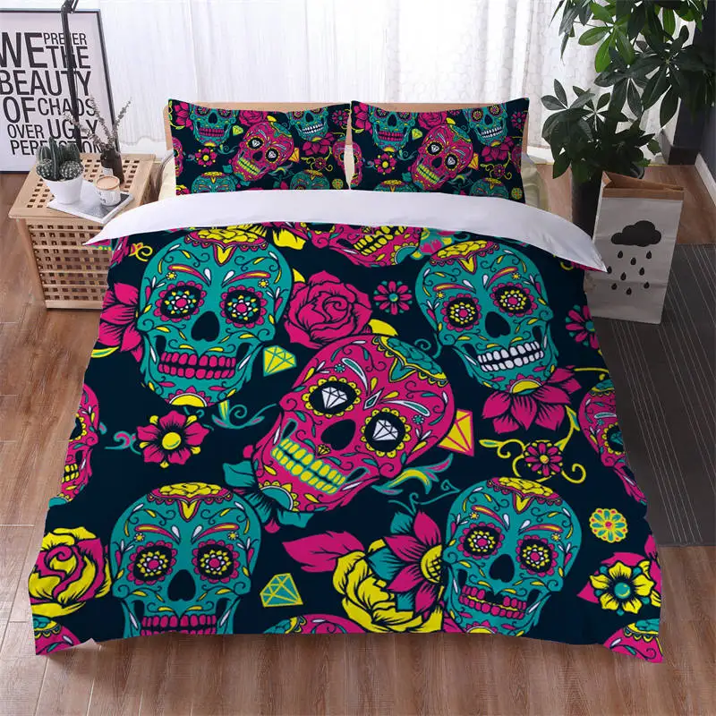 

Sugar Skull Bedding Set Skull Bones Skeleton Floral Print Duvet Cover Soft Comforter Cover King Size Teen Girl Decorative Roses