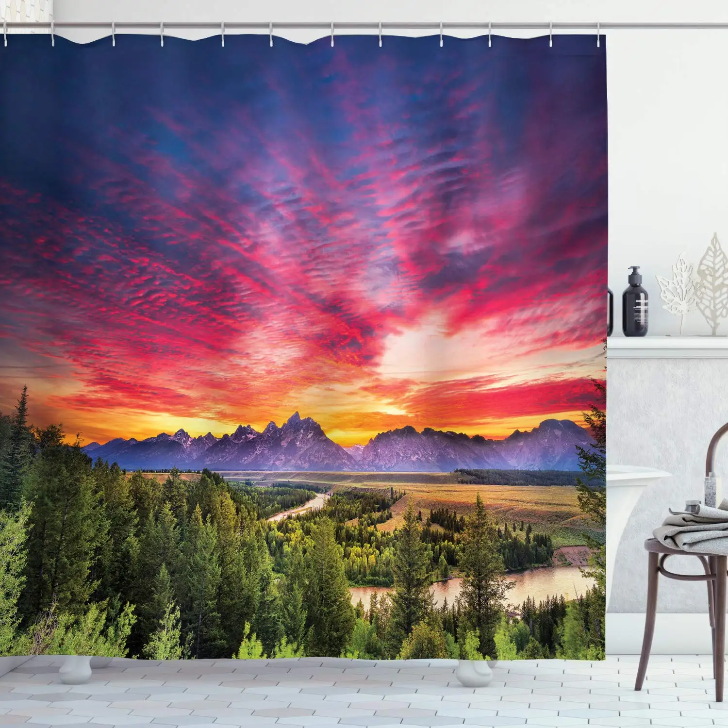 

Landscape Shower Curtain,Colorful Skyline with Clouds In The Forest Lake River Mountain Sunburst Yosemite Fabric Bathroom Decor