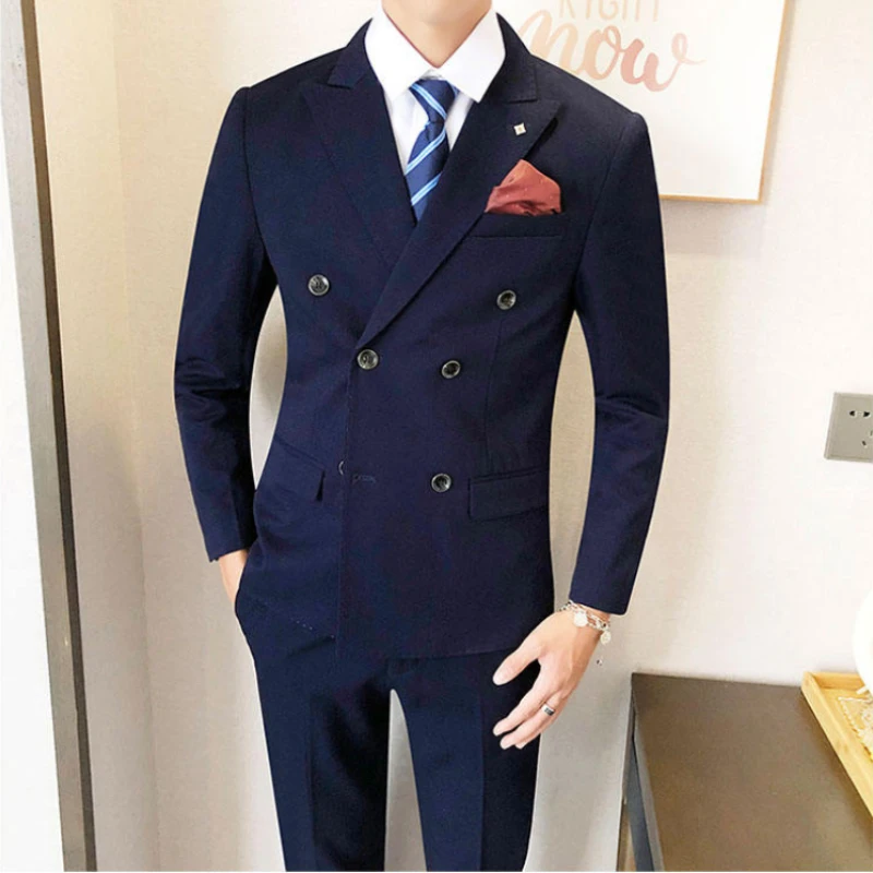 

（Jacket+Vest+Pants）Haute Couture Men Double-breasted Solid Business Suit Fit Wedding Groom Best Man Dress Men's Banquet Tuxedo