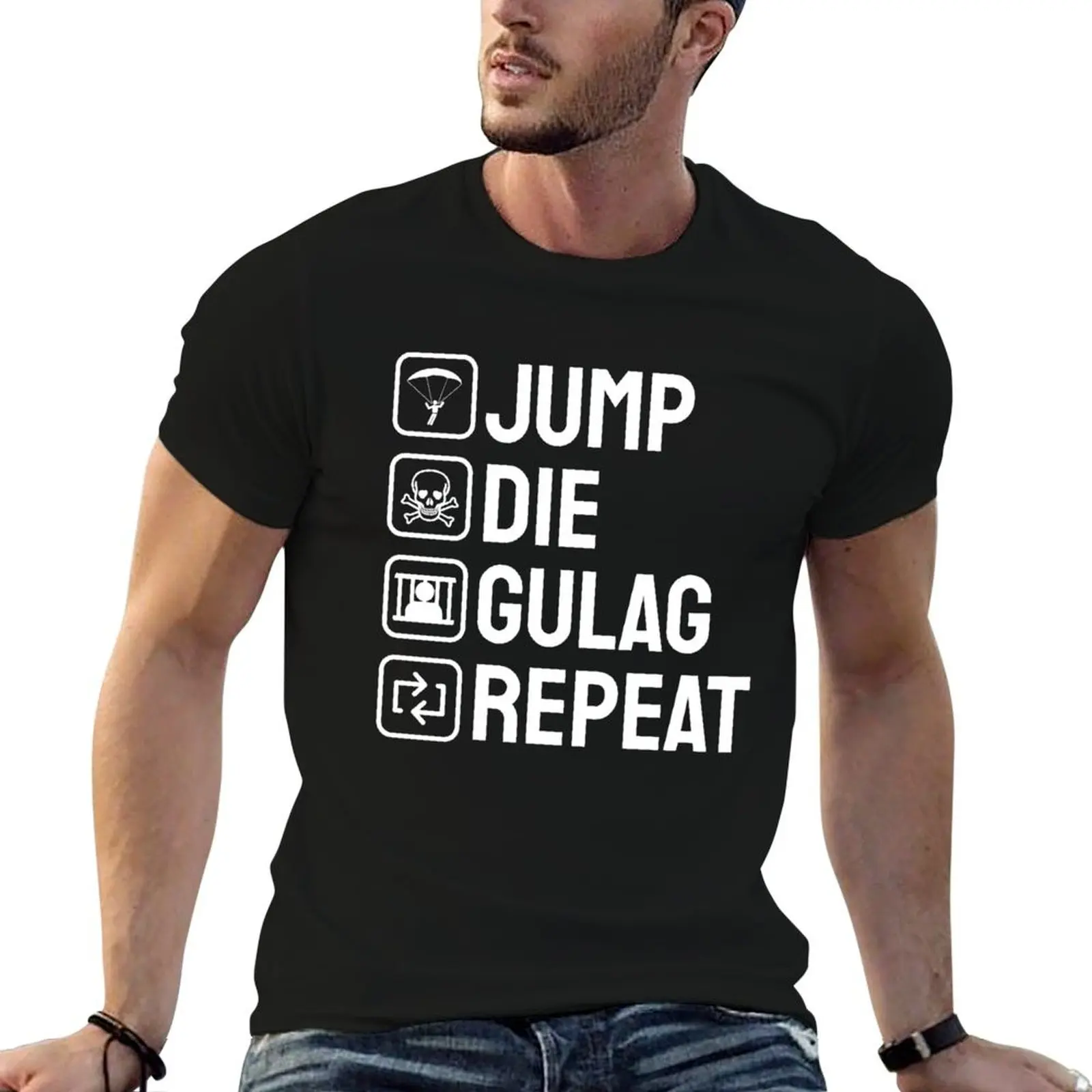 Фото Футболка с забавным принтом Jump Die Gulag Repeat, футболка с короткими рукавами для бега и занятий спортом №1