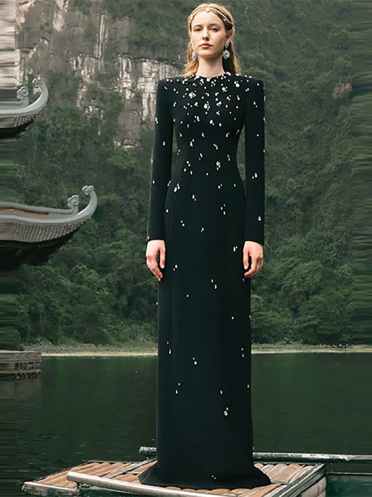 Sexy O Neck Long Sleeve Diamonds Bandage Dress Women Black Rhinestone Beaded Bodycon Dresses Evening Party Gowns