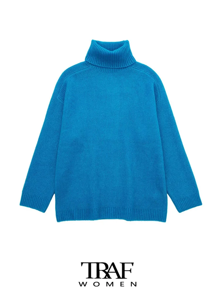 

TRAF Women Fashion Thick Warm Soft Knit Sweater Vintage High Neck Long Sleeve Female Pullovers Chic Tops