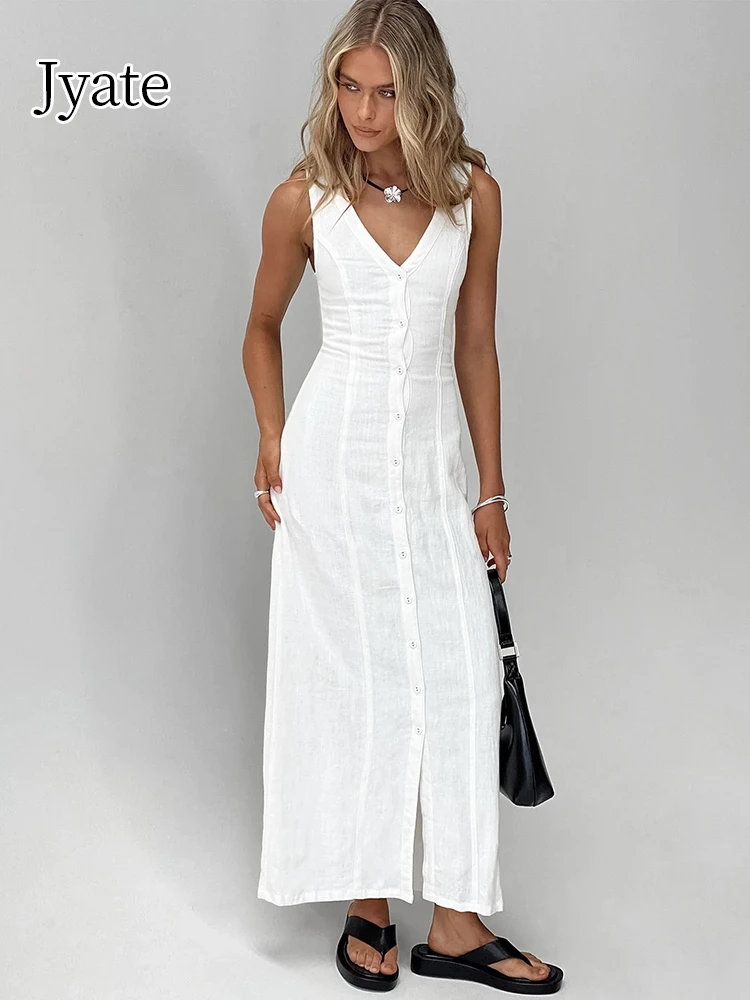 Jyate белое хлопково-льняное платье-майка на пуговицах с v-образным вырезом длинное