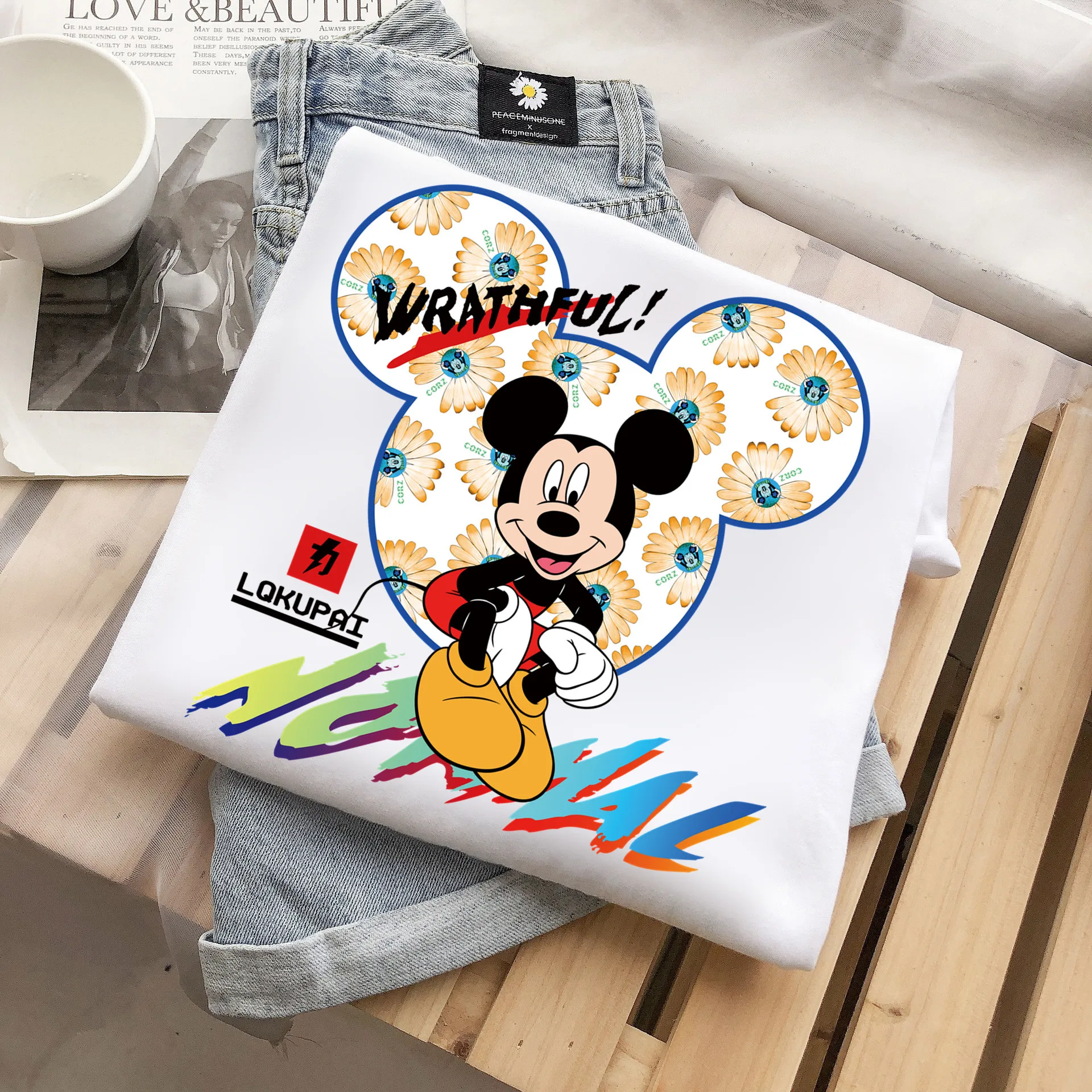 

Larger Size Summer Women's Tee T-shirt Round Neck Short Sleeve T Shirt Korean Version of Tide Brand Cartoon Mickey Mouse Print