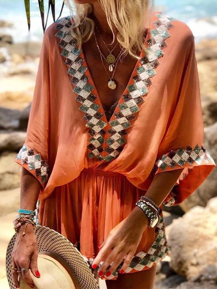 

Retro Style Boho Jumpsuits Women Sexy Loose 3/4 Sleeve Street Shorts Jumpsuits Casual Solid 2022 Elegant V Neck Overalls New