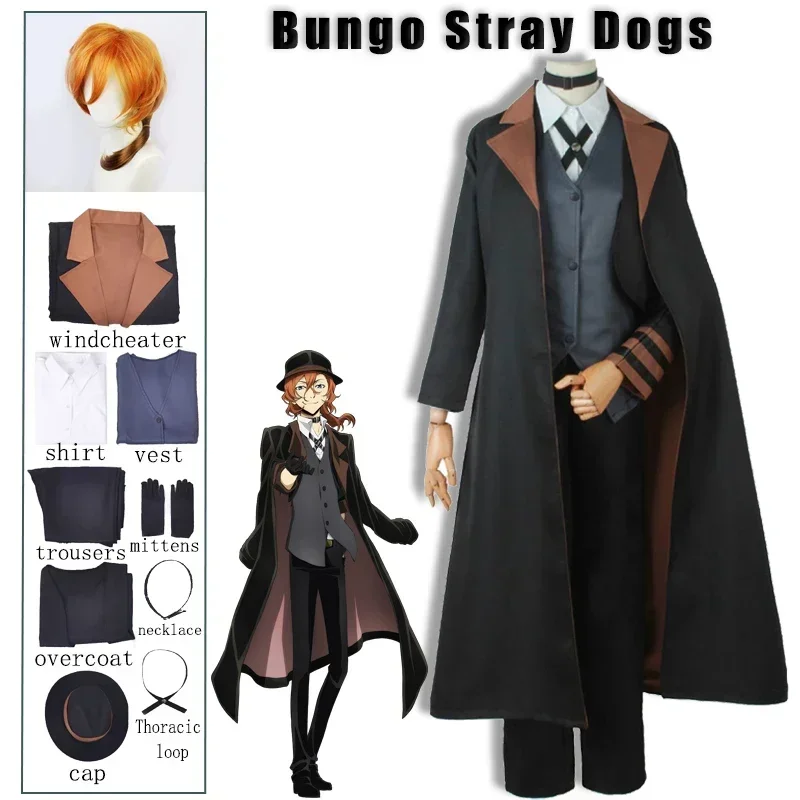 Bungou Stray Dogs Pria Wanita Nakahara Chuuya Kostum Косплей Topi Парик Celana Jaket Sarung Tangan Perempuan Setelan Pakaian Anime
