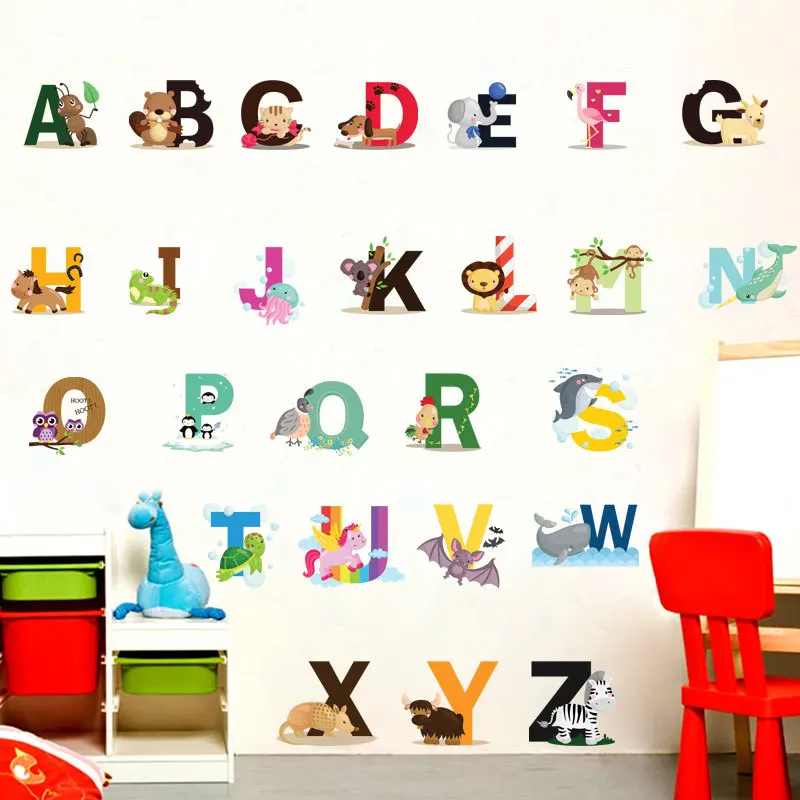 

Cartoon Jungle Wild Animals 26 Letters Alphabet Animals Wall Stickers for Kids Rooms Home Decor Children Wall Decal Poster Mural