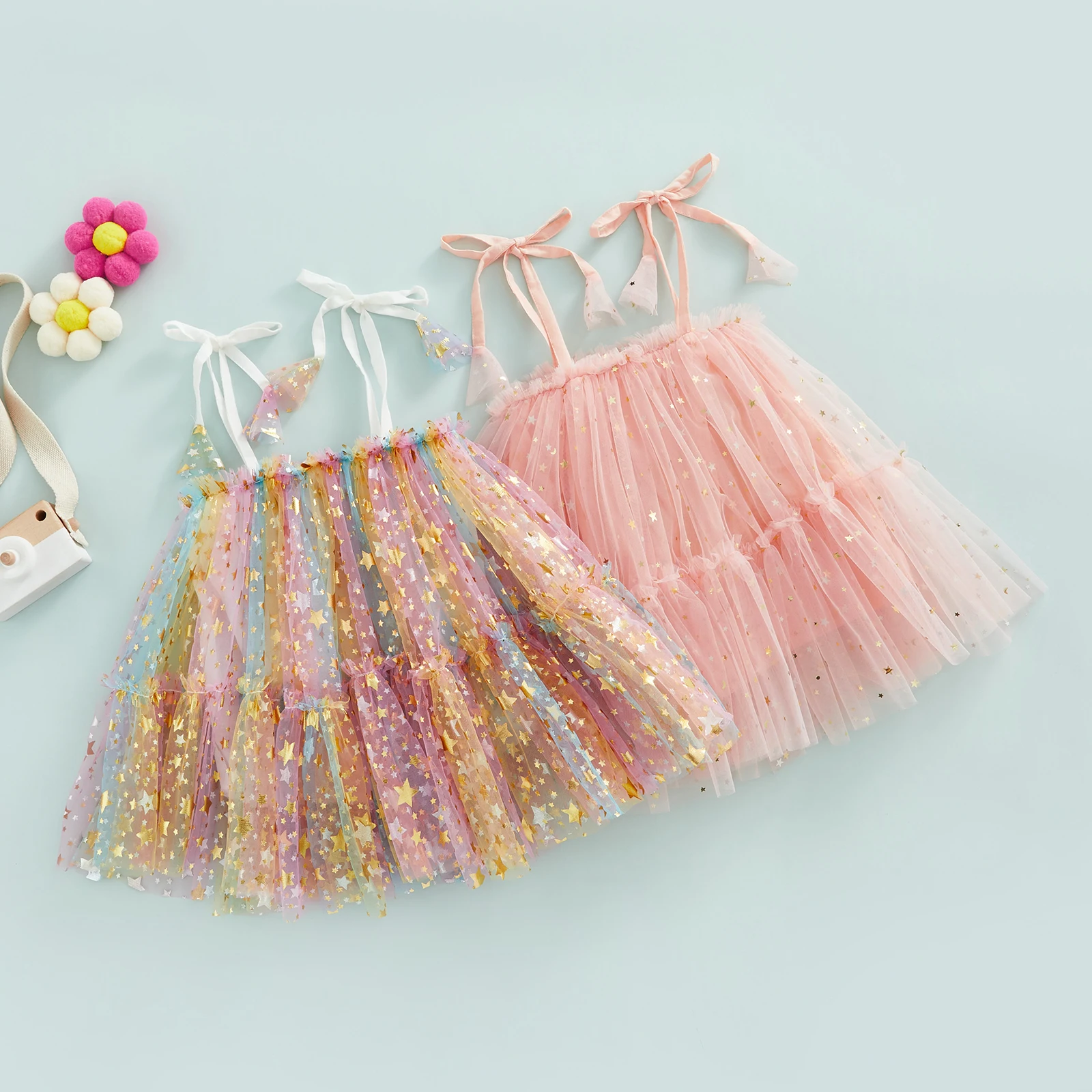 

Infant Girls Sleeveless A-Line Dress Tie-Up Spaghetti Strap Stars Print Double-Layer Hem Princess Dress