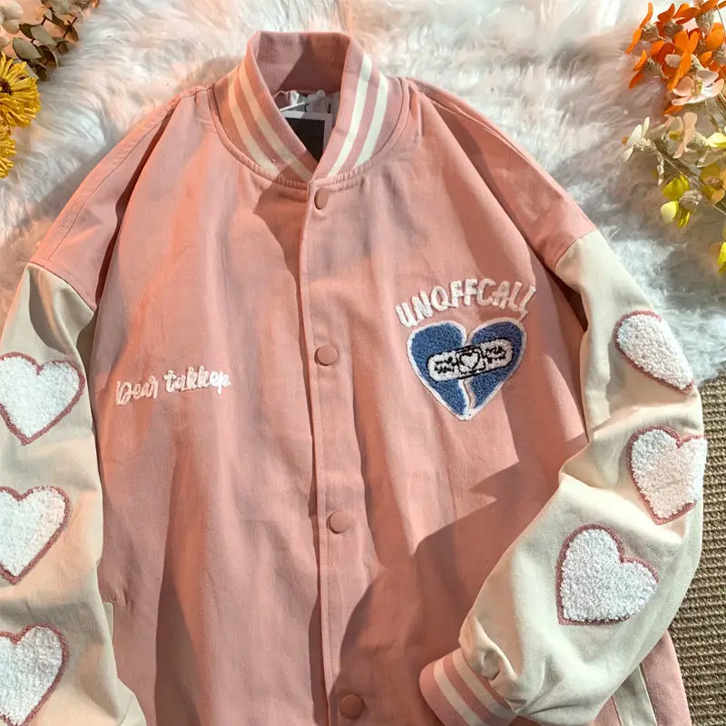 

Cardigan jacket ins autumn and winter new Y2K American retro sweet love embroidery baseball uniform couple long-sleeved clothes