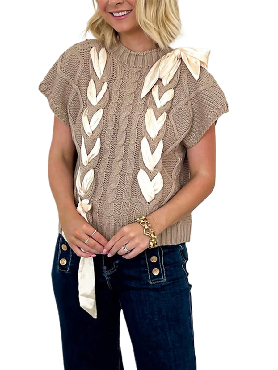 Женский свободный вязаный свитер пуловеры с коротким рукавом и круглым вырезом