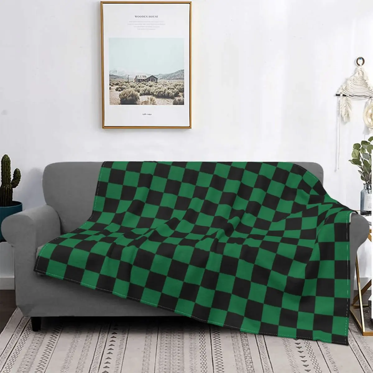 

Black And Cadmium Green Checkerboard Blanket Warm Fleece Soft Flannel Geometric Plaid Throw Blankets for Bedding Couch Outdoor