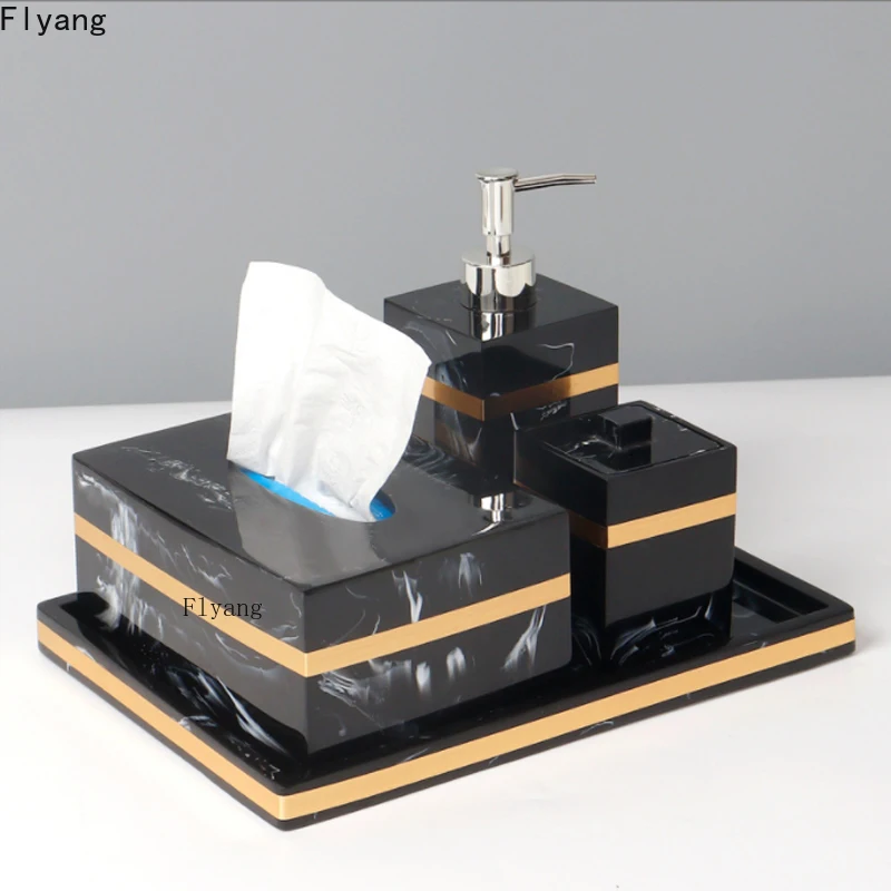 resin bathroom set five piece set tray toothbrush holder tissue box dispenser marble texture golden stroke toiletries organizer free global shipping