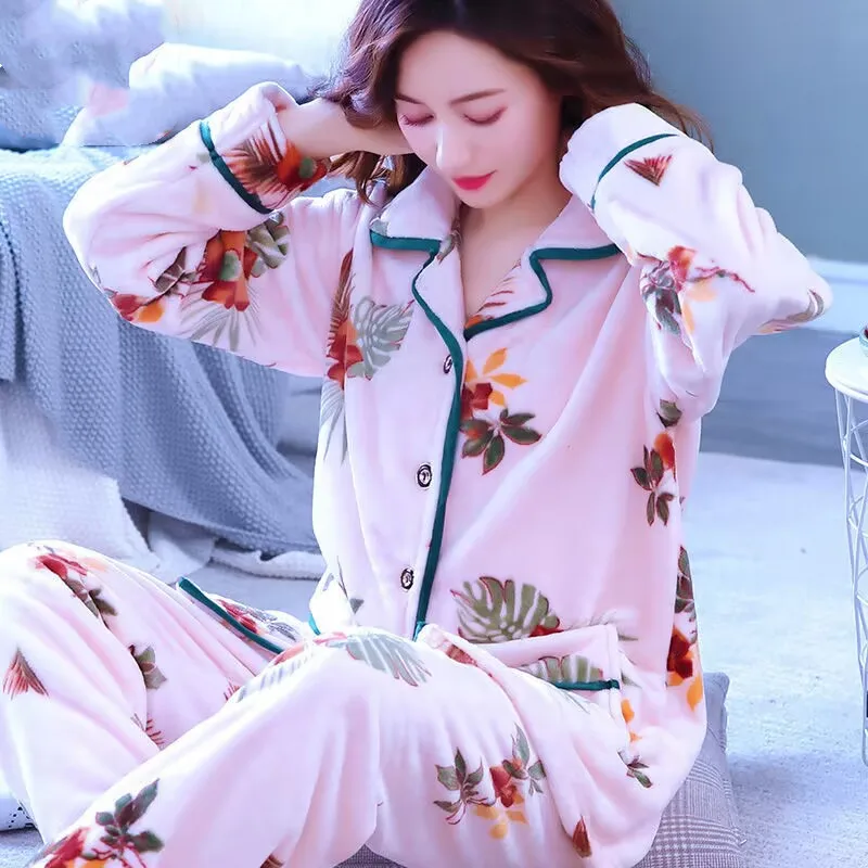 Winter Women's Pajamas Set Sexy Print Flower Pajamas 2020 Fashion Mom Casual Female Turn-down Collar Flannel Sleepwear