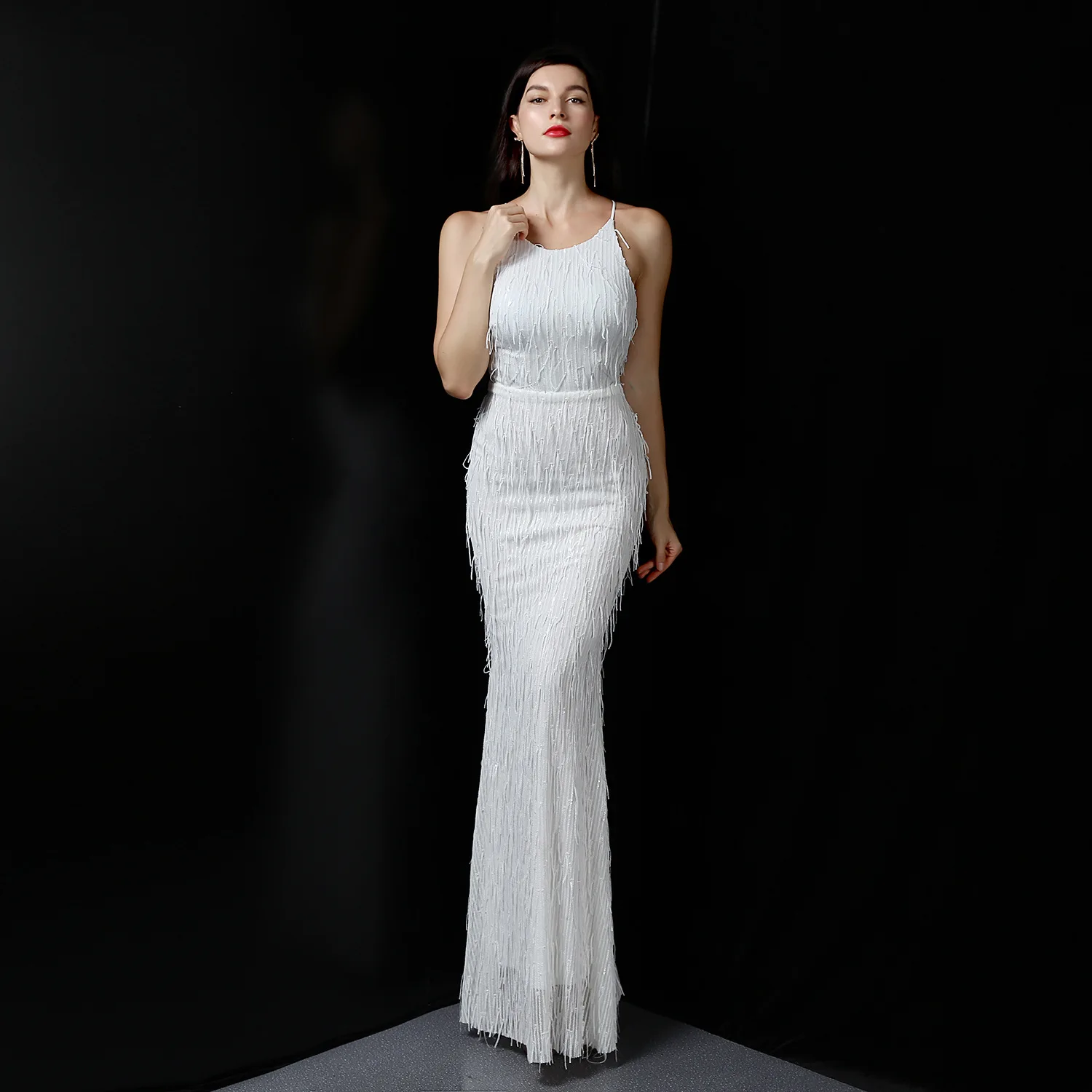 

Polyester Thread Tassel Beaded Fishtail Banquet Elegant Temperament Annual Meeting Host Car Model Evening Dress Female Autumn