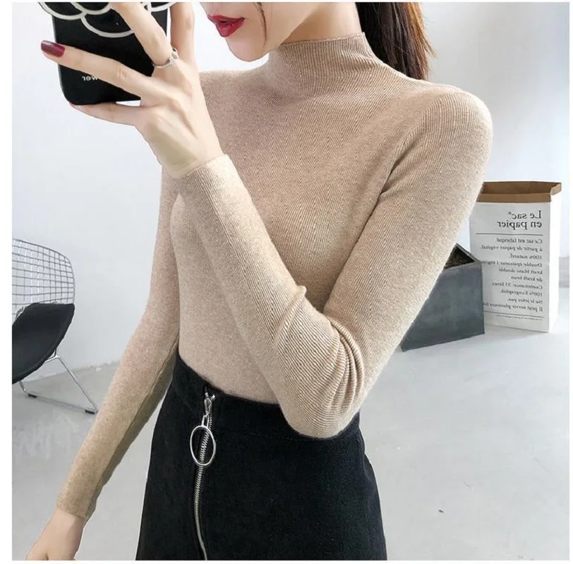 

2022 new semi high neck sweater for women, slim fit, fall and winter wear long sleeved bottoming knitwear Pullovers