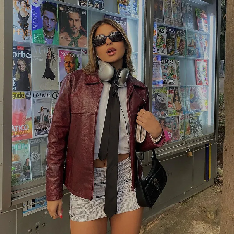 Retro Street Style Lapel Leather Jacket Female Autumn and Winter New Long-Sleeved Zipper Trendy Fashion Versatile Jacket