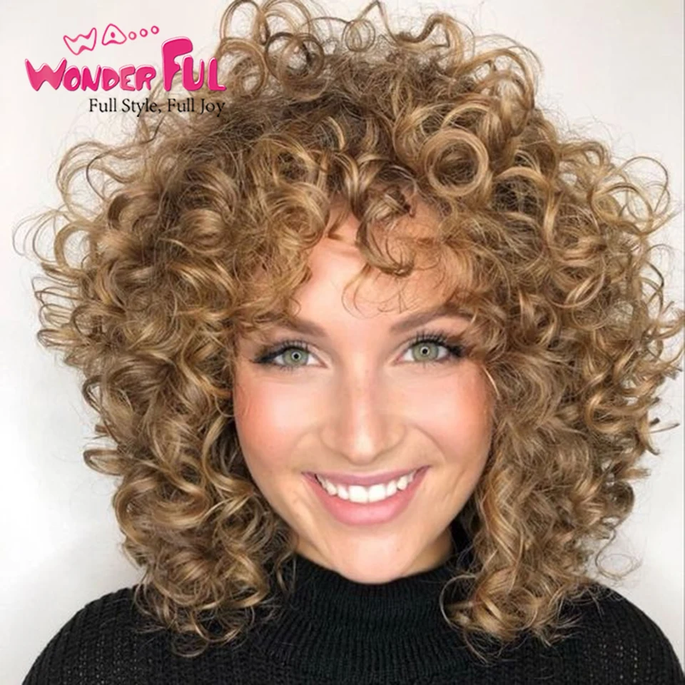 Хайлайтер короткий вьющийся парик с челкой Омбре смешанный коричневый