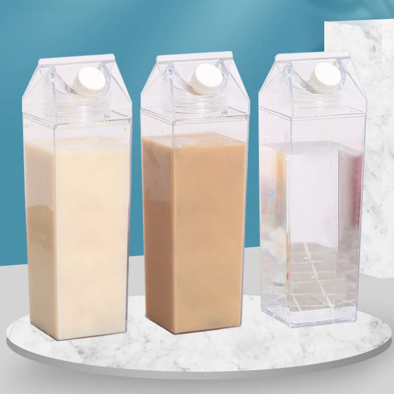 

500ml/1000ml Milk Carton Water Bottle Transparent Plastic Portable Clear Box Milk Bottles Cute Juice Pearl Milk Tea Bottle
