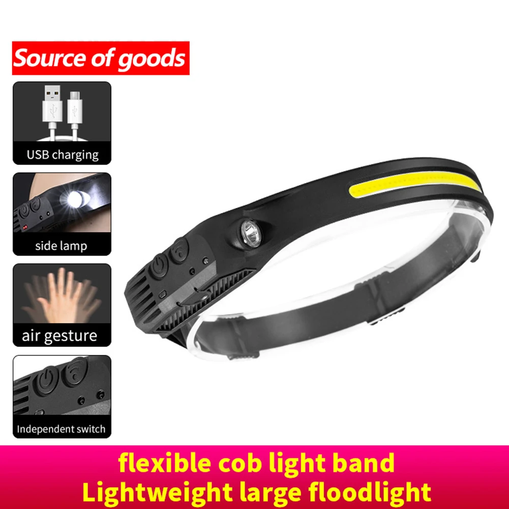 

COB LED Headlamp Sensor Headlight with Built-in Battery Flashlight USB Rechargeable Head Lamp Torch 5 Lighting Modes Work Light