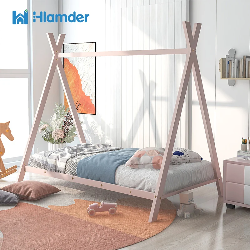 Full Size Metal Floor Play House Bed With Slat For Kids Girls Boys For Bed Room, No Box Spring Needed