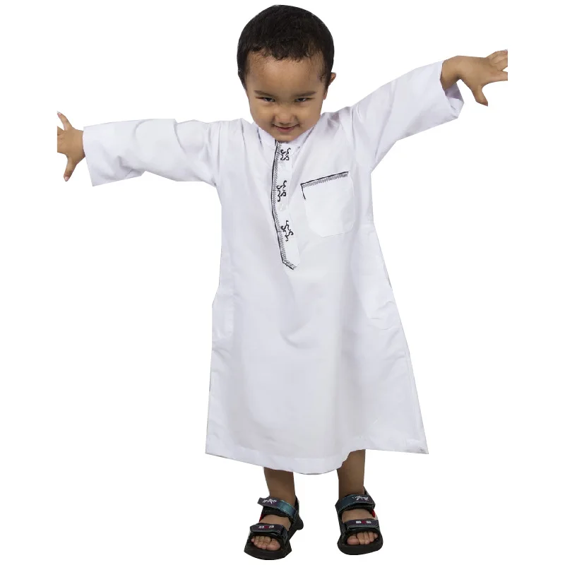 Boys Muslim Kaftan Embroidered Robe Kids Middle East Saudi Arabia Dubai Eid Prayer Dress Blouse Islamic Clothing