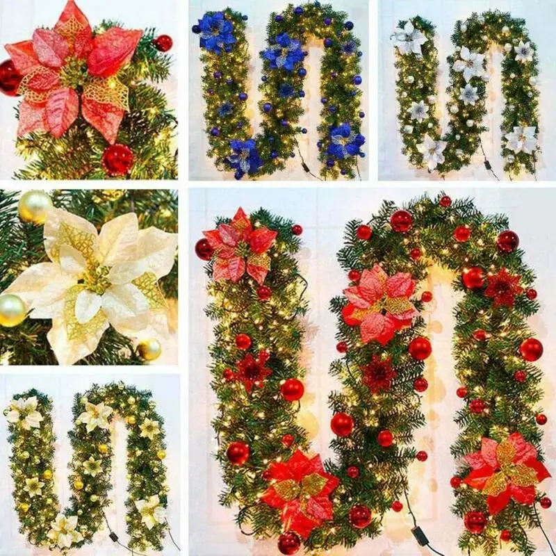 

Christmas LED Rattan Garland Wreath Christmas Garland Artificial Xmas Tree Rattan Banner 2023 New Year Home Door Decorations