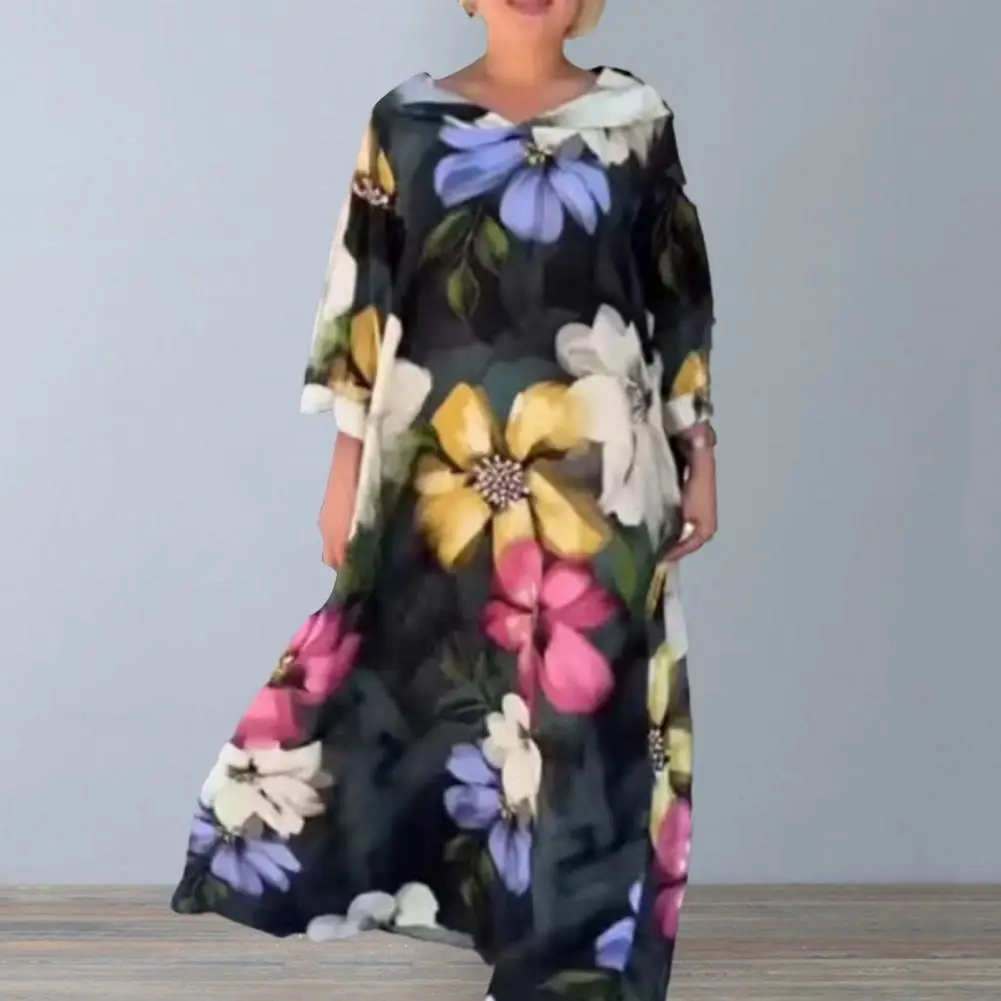 

Lightweight Dress Flower Print Women's A-line Maxi Dress Colorful Hooded Ankle Length Loose Cut Maxi Dress