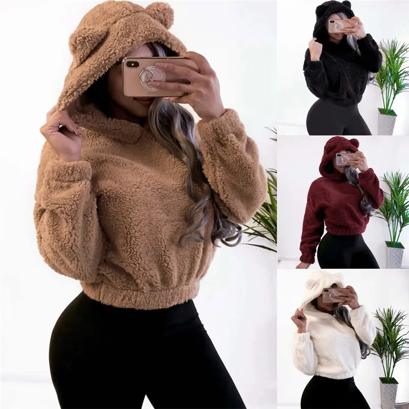 

Cuddly Bear Ears Warm Plush Hoodie Women's Fall Shoulder Off Top 2022 Pullover Sweatshirt Harajuku Hoodie