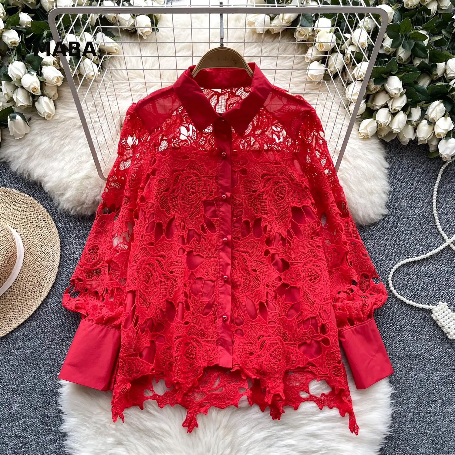 Женская кружевная блузка с вышивкой свободная дизайнерская рубашка отложным