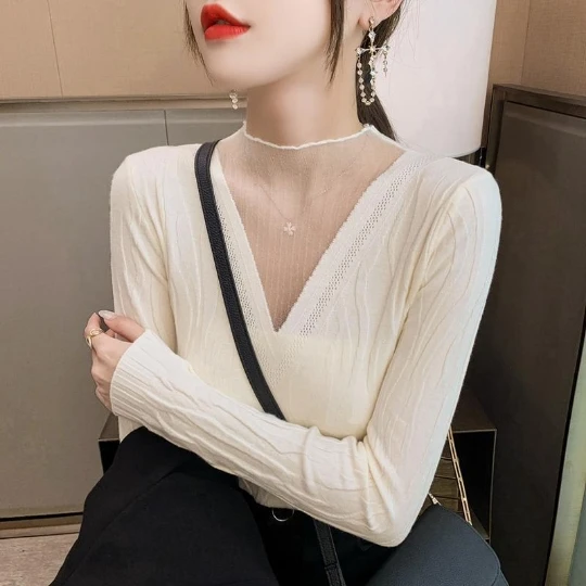 

Женский бежевый трикотажный свитер с V-образным вырезом, Дамская кофта, женская блузка, женские джемперы, пальто, куртка, Осенние тканевые топы для девочек, 2023