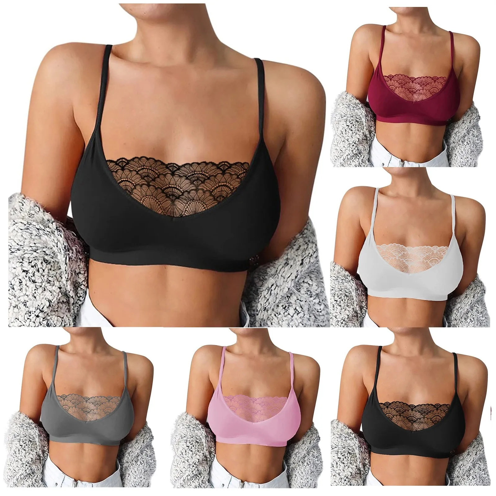 

Women'S Black Regular Gathered Bra Women'S Comfortable Lace Trim Sexy Solid Color Bottoming Underwear Bra Without Chest Pad