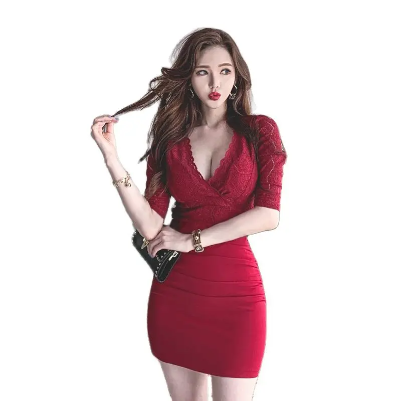 

Длинн свитер с сексуальным кружевом с v-образным вырезом Сращивание Обтягивающая одежда cultivate one's morality приталенное платье