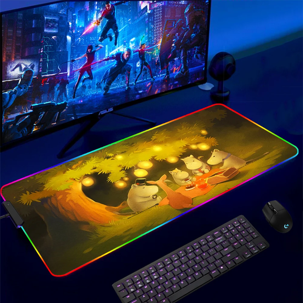 

RGB Cartoon Cute Hippo Moomines Mousepad Gaming Accessories Mouse Pad LED Lighting Keyboard Pad Mause Pad No-slip with Backlit