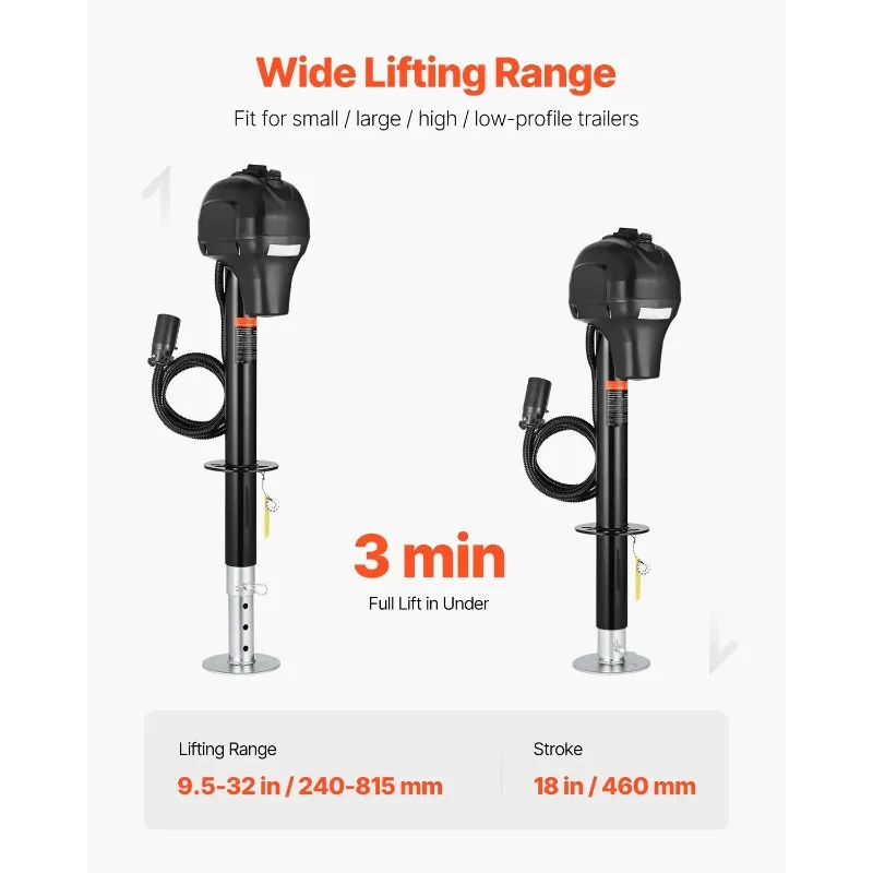 Фото Электрический домкрат для прицепов и автодомов 3500/5000 фунтов, 12В, с 7-контактным разъемом и ручкой, подъем 10-28,3 дюйма, для кемперов №4