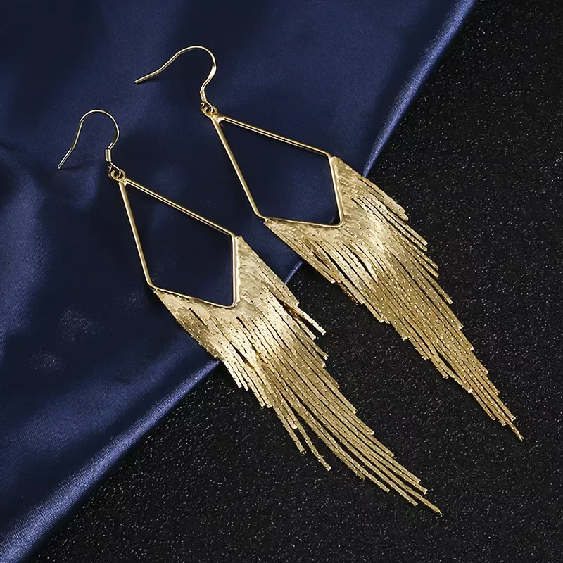 

Gold Color Long Tassel Dangle Earrings Jewelry Vintage Metal Statement Fringe Earrings Charm Drop Big Earing for Women