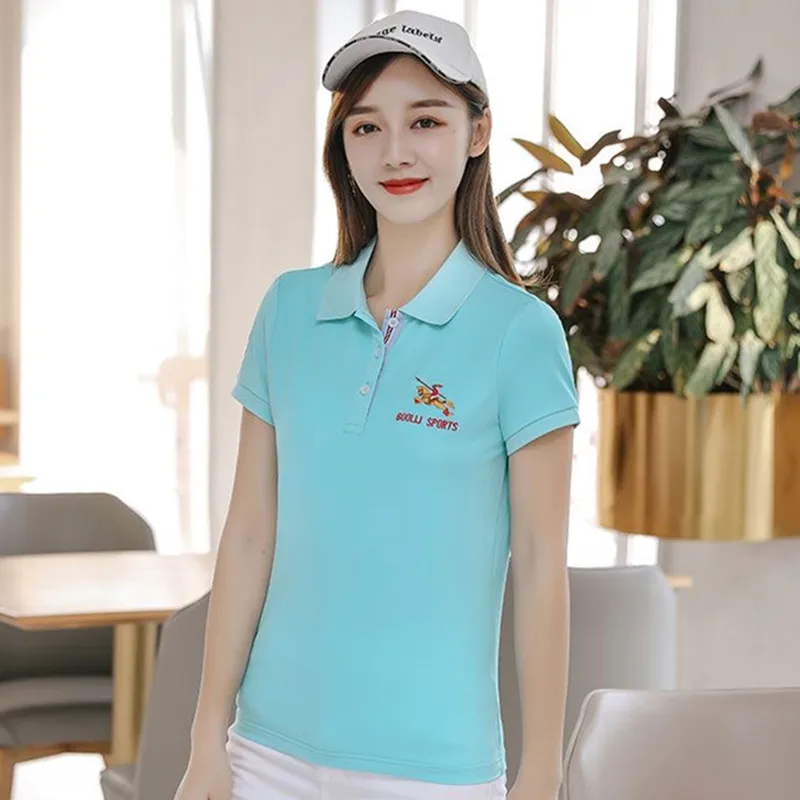 Golf wear Women T-shirt cotton Summer Solid color embroidery golf Polo shirt Short sleeve Lapel tees Women's Golf Uniform tops