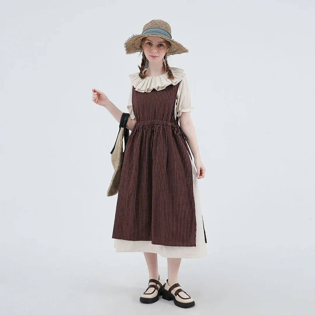 Leorlax Original Stripe Japanese Dresses Round Neck Cotton Linen Loose Waist Korean Style Woman Long Dress for Women Summer 2023
