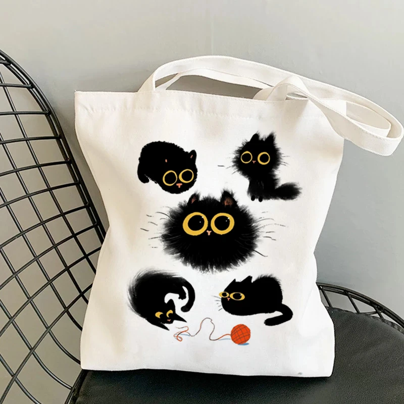 

Cute Tote Bag Animals Black Cat Print Canvas Bag Eco Shopping Bag Daily Use Foldable Handbag Large Capacity Canvas Tote Women