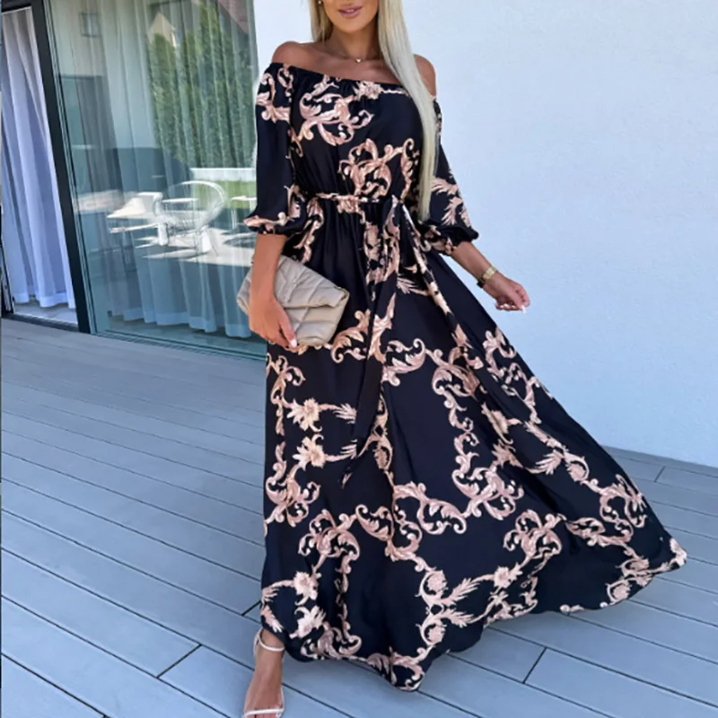 

Elegant Off Shoulder Long Sleeve Tie-up Party Dress Sexy Slash Neck Floral Print Long Dress Summer Casual Holiday Bohemian Dress