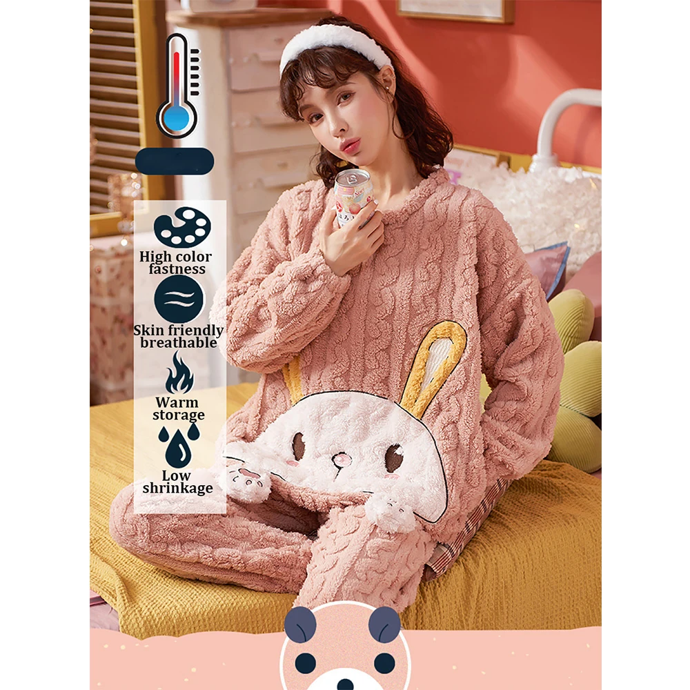 Sweet Fairy Cartoon Pajamas for Women Winter Flannel Thicken Sleepwear Soft Plush Pyjamas Sets Casual Loose Pijama Night Wears