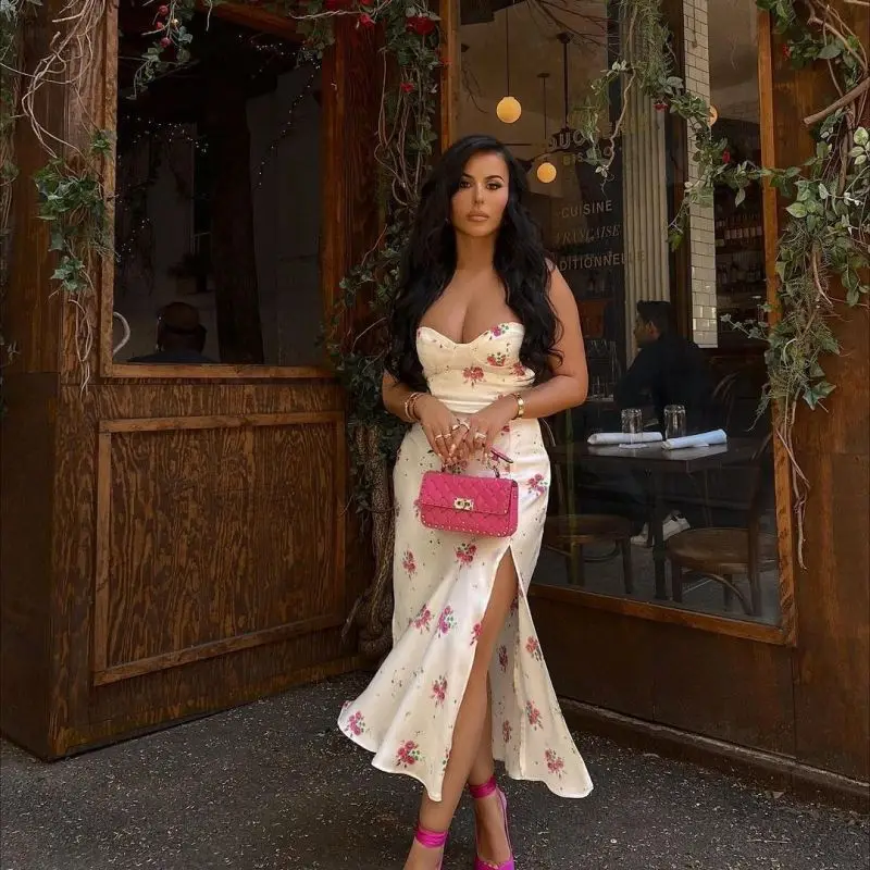 

Boho Beach Dresses for Women 2022 Spaghetti Strap Floral Summer Dress Sweetheart Neck Sleeveless Sexy High Slit Party Midi Dress