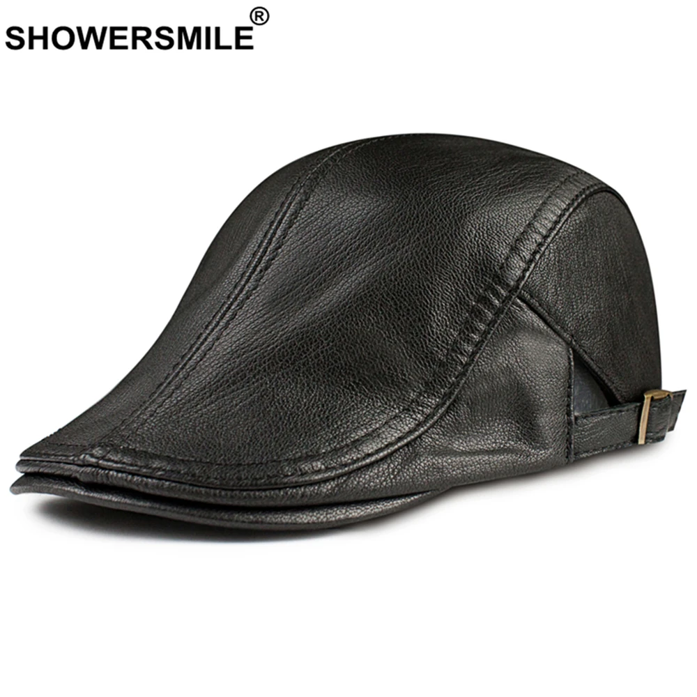 SHOWERSMILE зимние шапки для мужчин Кепка на плоской подошве кепка газетчика из натуральной кожи британский стиль из коровьей кожи регулируемый ...
