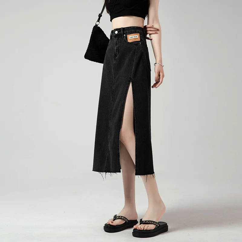 

Retro Side Slit High Waist Denim Skirt Women's Summer Fashion Stitching Line Drape Cat Whisker Slim A-Word Bag Hip Denim Skirt