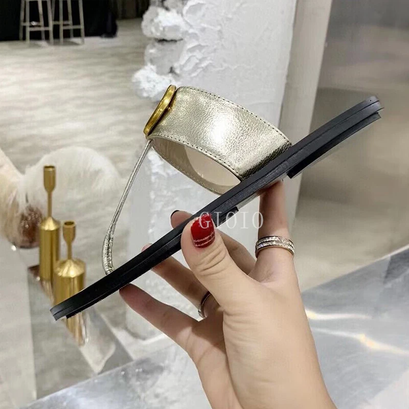 Ladies Slippers 2023 Fashion Flat Slips Ladies Summer Metal Trim Leather Luxury Slippers Outdoor Flip Flops Casual Beach Shoes