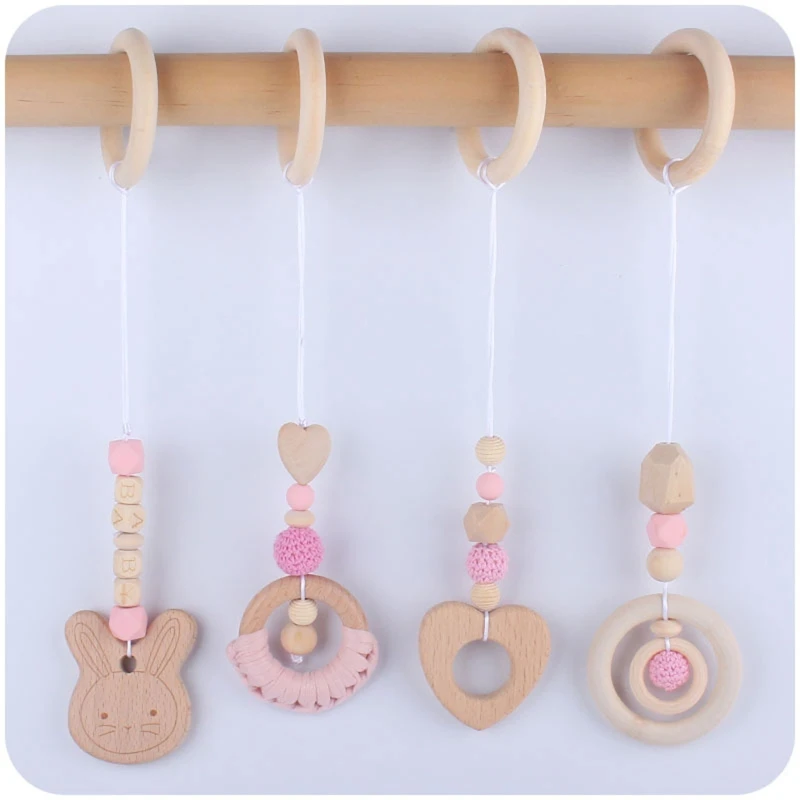 

4 Pcs Baby Gym Frame Pendants Fitness Rack Stroller Crib Rattle Wooden Ring Beads Teether Hanging Mobile Bed Bell Toys беби борн
