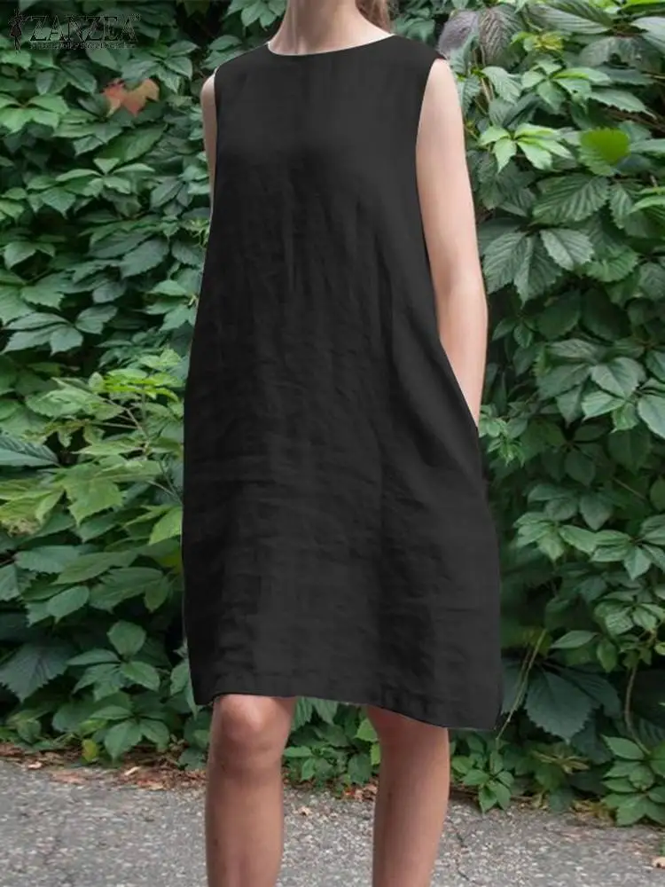 

ZANZEA Women Solid Color Sundress Sleeveless 2023 Summer Dress Pockets Loose Tank Dress O Neck Casual Oversize Knee-length Robe